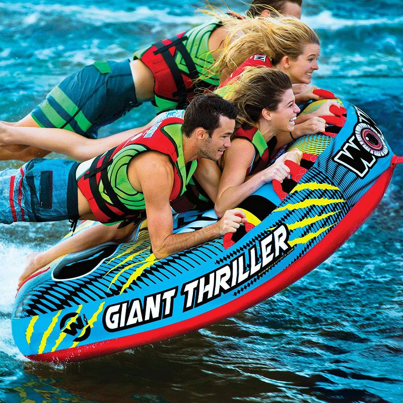 WOW Watersports Giant Thriller Inflatable 4-Person Towable Boating Deck Tube with Nylon Cover and Speed Valve