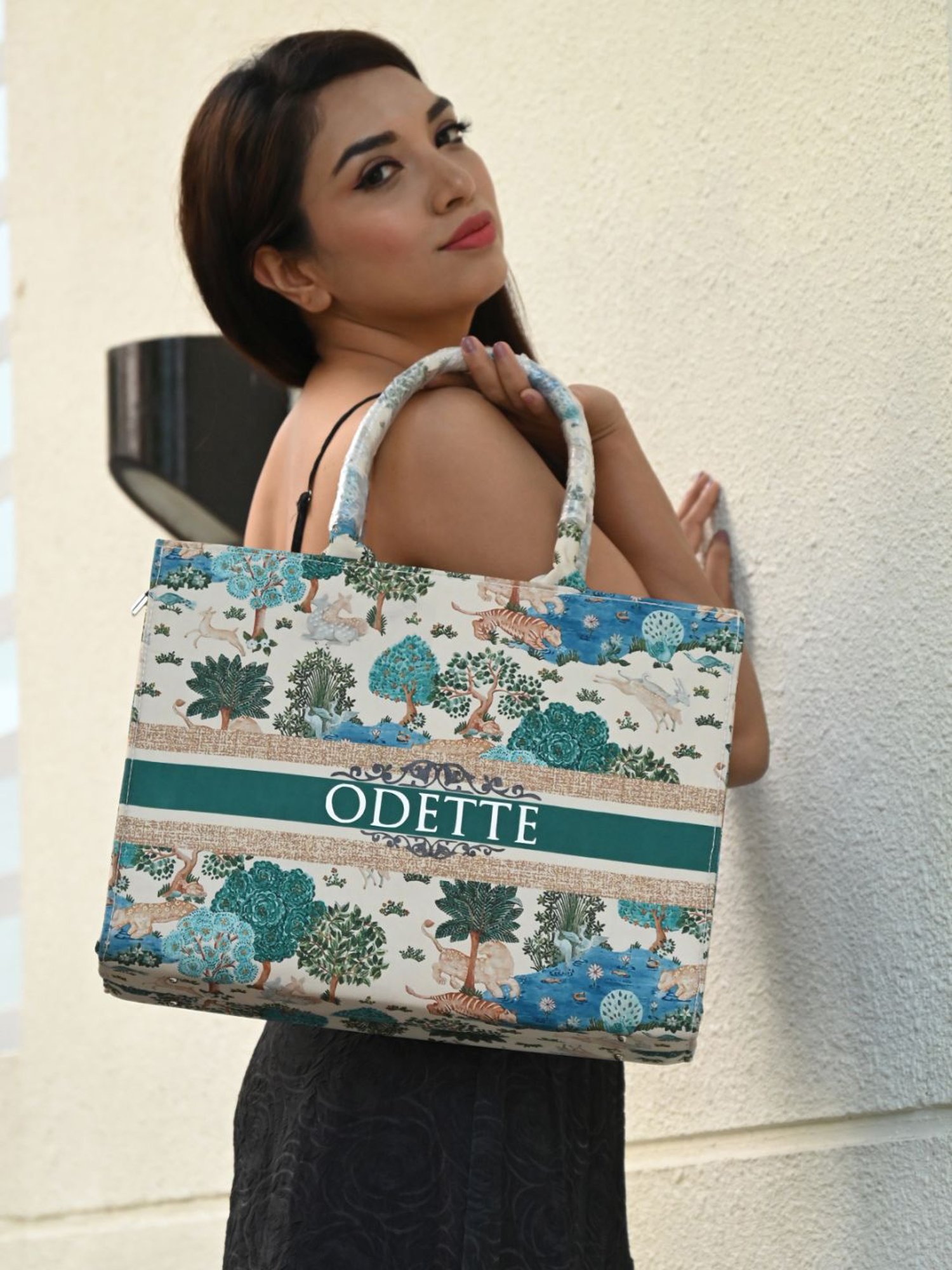 Odette Green Fabric Printed Tote Handbag