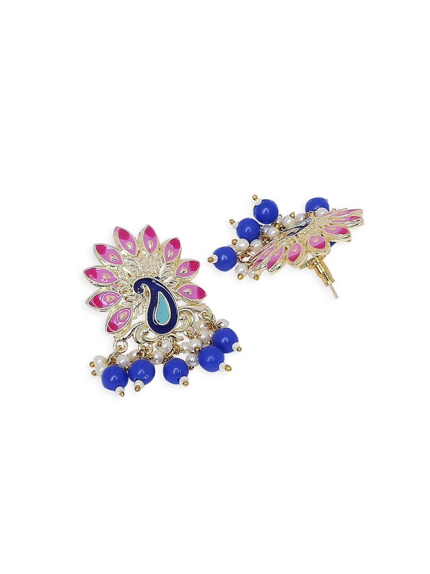 OOMPH Pink & Blue Meenakari Kundan & Beads Peacock Design Ethnic Drop Earrings for Women
