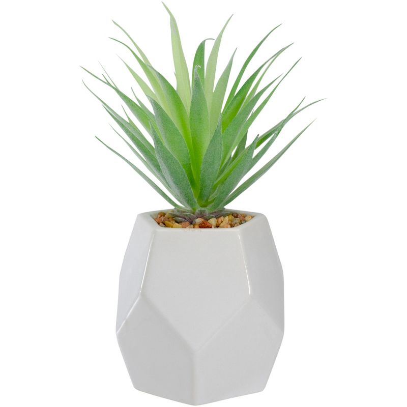 Northlight 7.5" Green Artificial Sword Grass in a White Geometric Pot