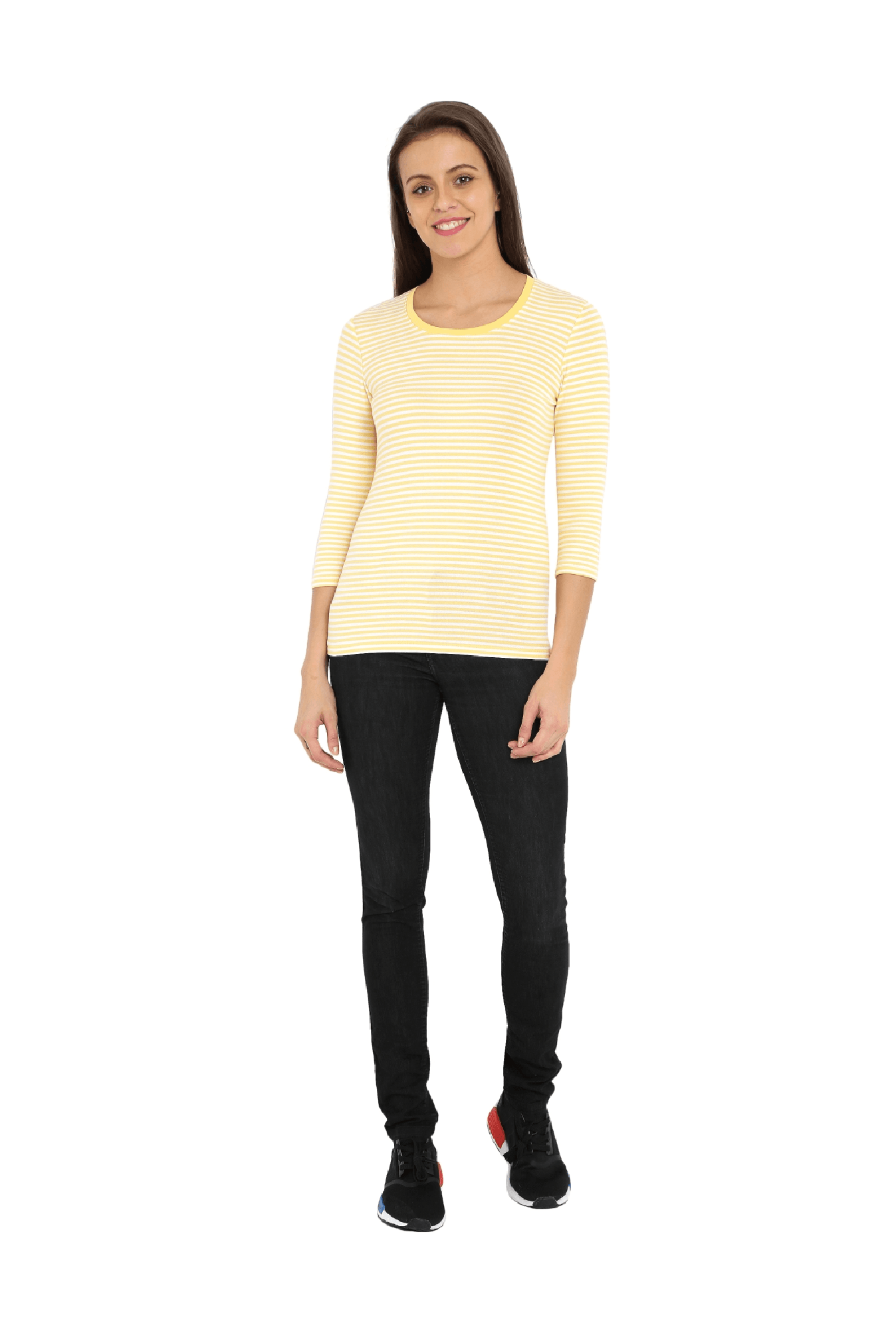 Jockey 1360 Women's Super Combed Cotton Elastane Slim Fit Striped Three Quarter Sleeve T-Shirt