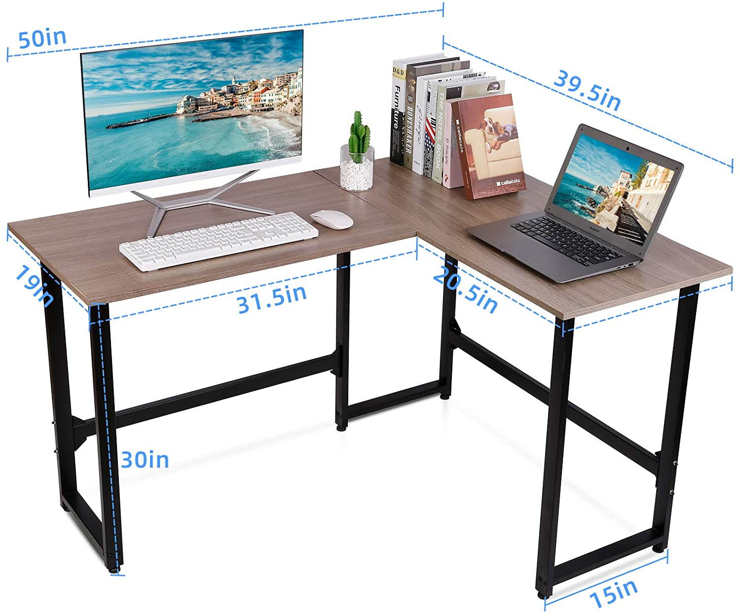 50.4'' Gaming PC Table L-Shaped Computer Desk Home Office Writing Desk with Cork Fixed Footrest Structure Corner Desk, 2-Piece, Brown
