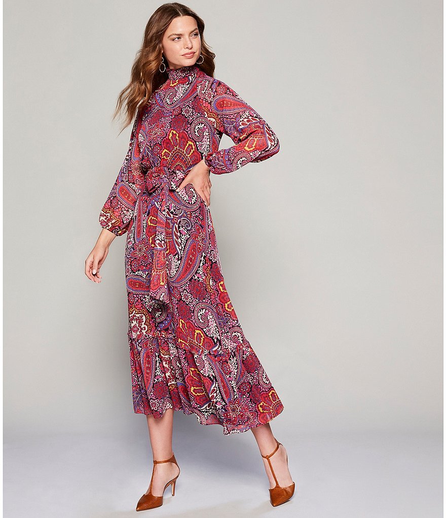Tahari ASL Paisley Print Metallic Yoryu Long Sleeve Tie Waist Ruffle Hem Maxi Dress