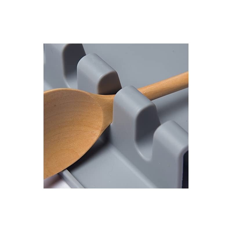 Kitchen Utensil Rest，BPA-Free Silicone Spoon Rest & 4 Slots Heat-Resistant Ladle Spoon Spatula Holder, Gray