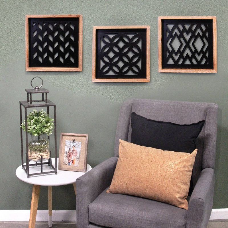 (Set of 3) Modern Wood and Metal Laser Cut Wall Décor Natural/Black - Stratton Home Décor
