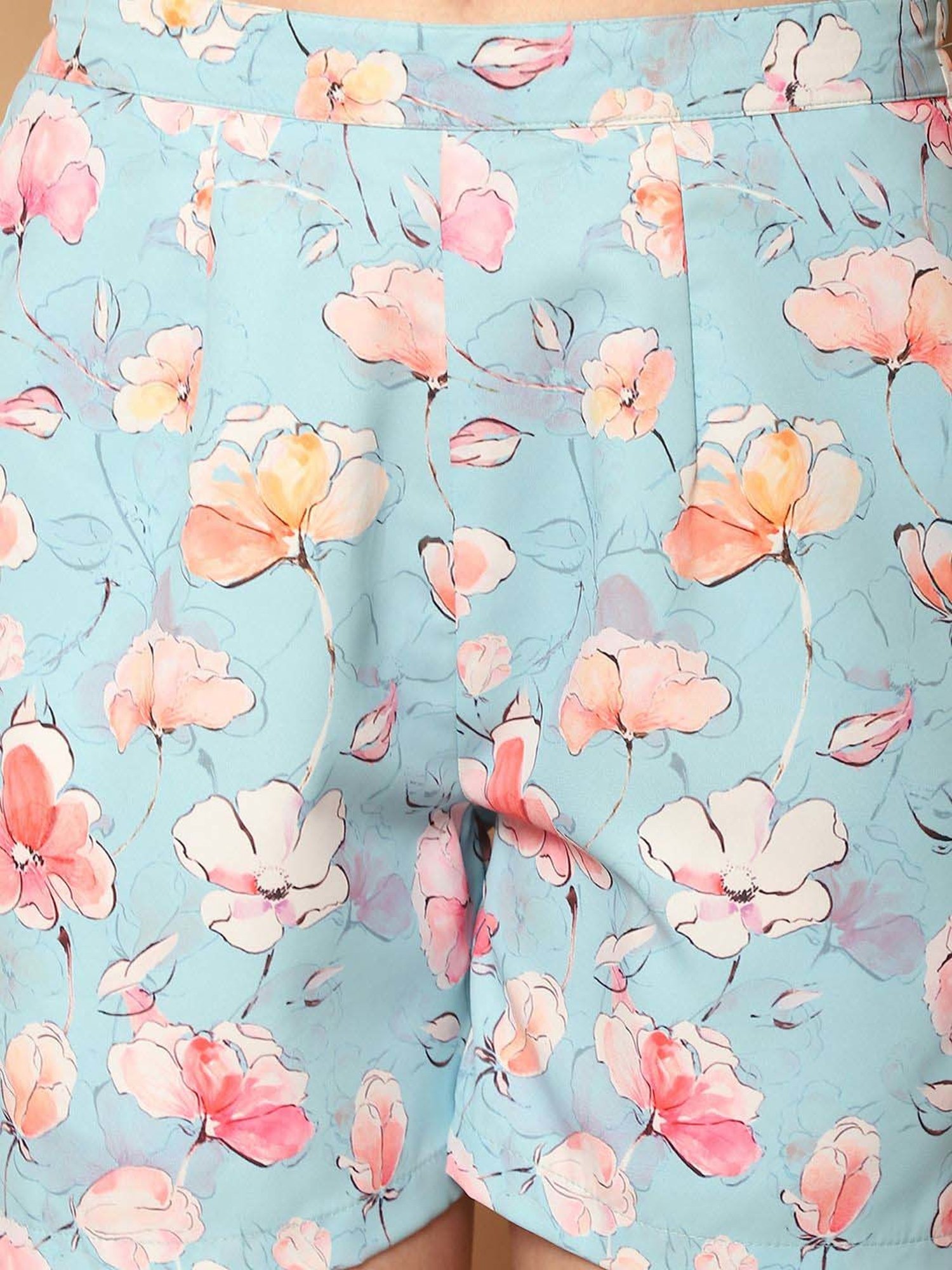 Indian Needle Blue Printed Crop Top Shorts Set With Shrug