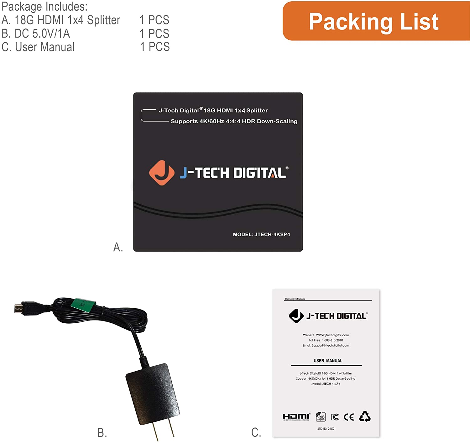 J-Tech Digital 4K60Hz 1X4 HDMI Splitter Supports Multi-Resolution Output 18GBps (JTECH-4KSP4)