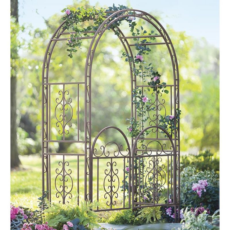 Plow & Hearth - Montebello Decorative Garden Arbor Trellis with Gate & Beautiful Scrollwork Design