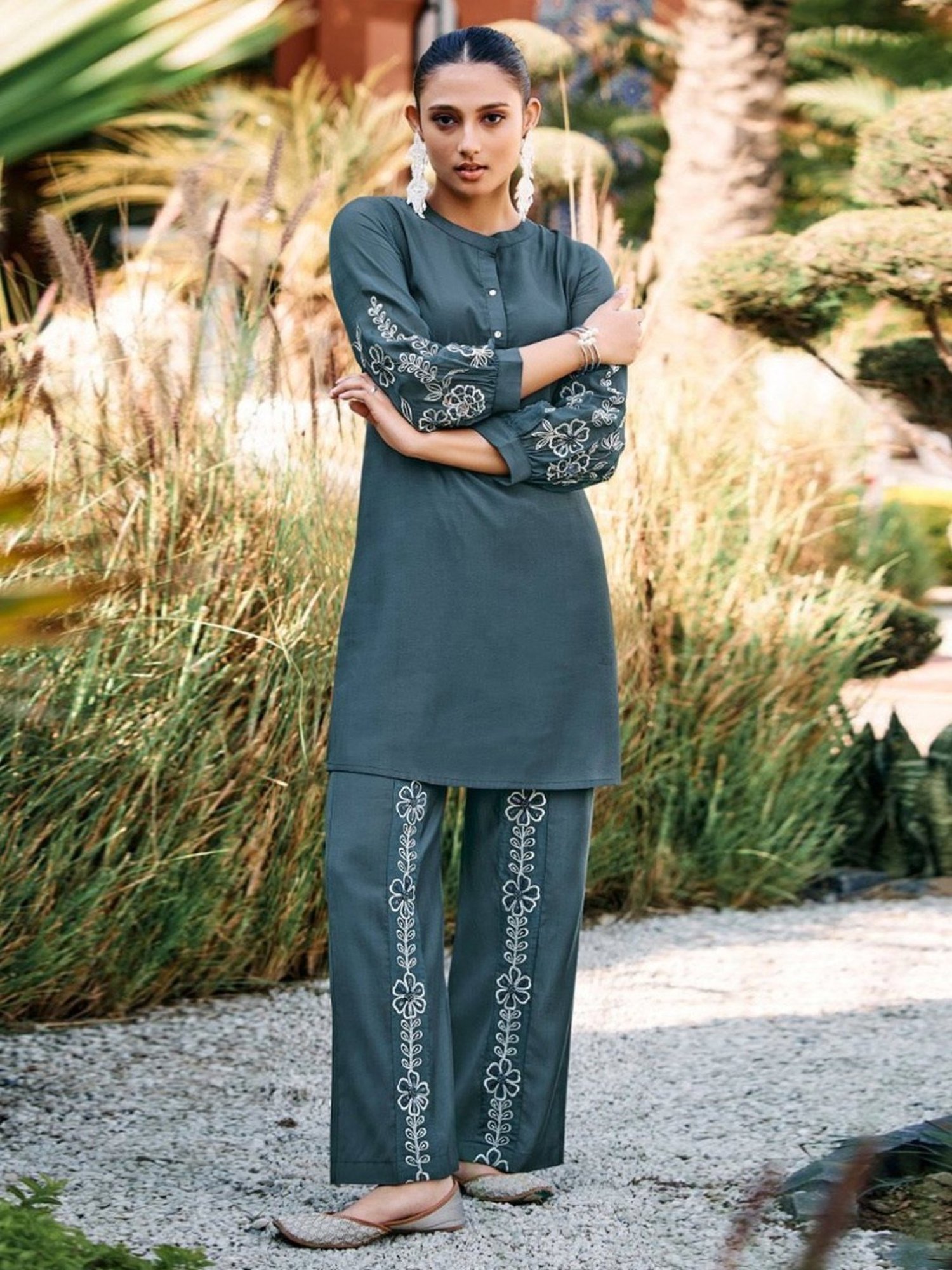 Autumnlane Alice Blue Applique & Embroidery Tunic with Pant Co-ord Set Set