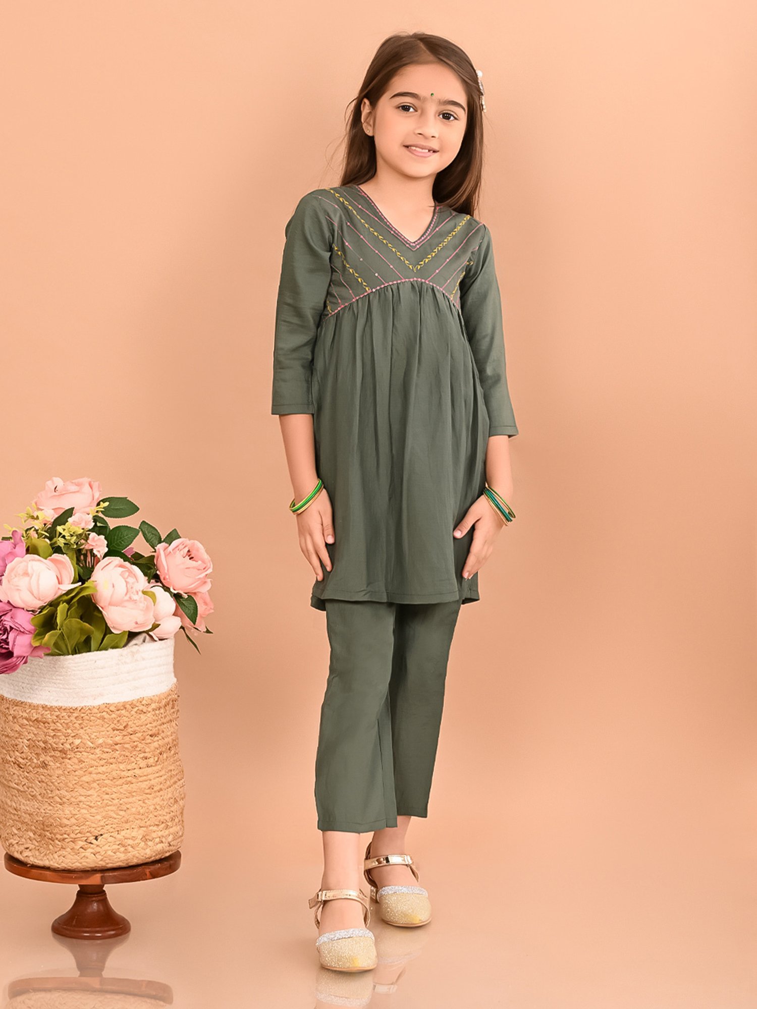 LilPicks Kids Sage Green Embroidered Kurta with Pants