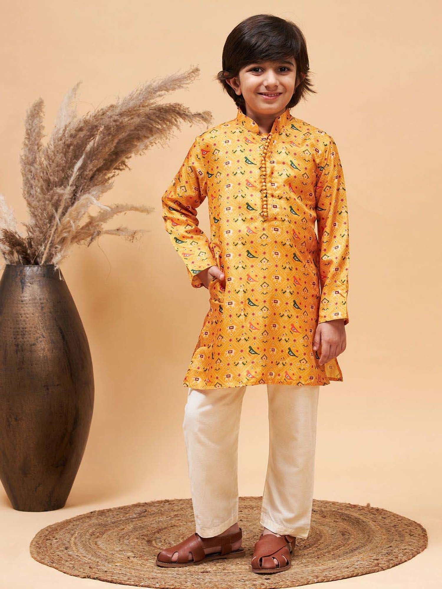 VASTRAMAY Boys Yellow Printed Full Sleeves Kurta Sets