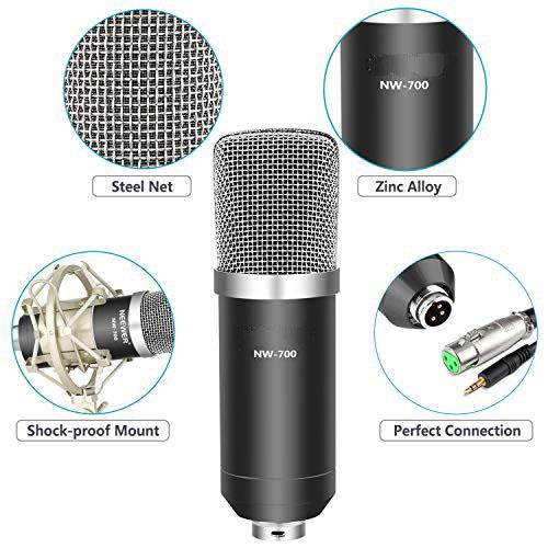 Condenser Microphone Kit NW700 MicBlack NW35 Suspension Boom Scissor Arm Stand with Mount Clamp Shock Mount Silver and Pop Filter for Home Studio Studio Broadcasting Recording