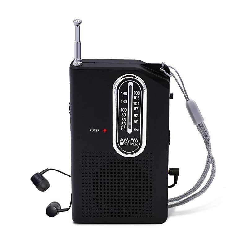 FM Portable Pocket Radio, Battery Operated Compact Transistor Radios with Great Reception, Built-in Speaker, Come with Headphone (Black)
