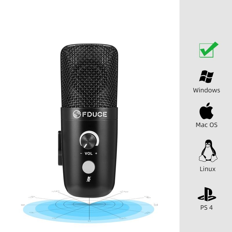 USB Plug & Play condenser microphone, FDUCE professional studio PC microphone with tripod, suitable for gaming, streaming, podcasting, chat, YouTube (black) on Mac and Windows