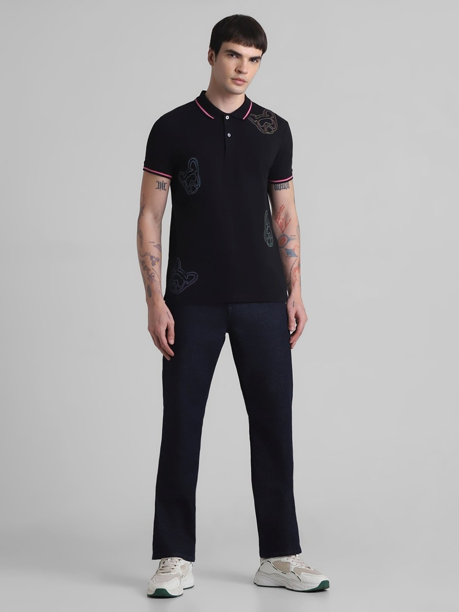 Jack & Jones Jet Black Cotton Slim Fit Self Pattern Polo T-Shirt