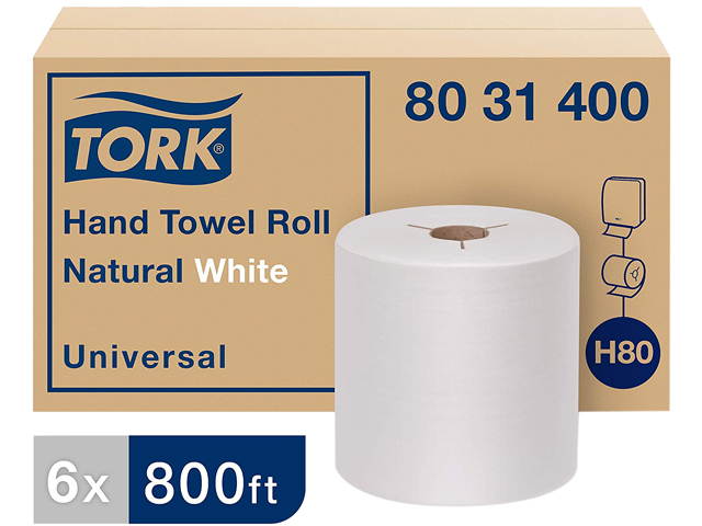 Tork 8031400 Universal Hand Towel Roll, Notched, 8" x 800 ft, Natural White, 6 Rolls / Carton