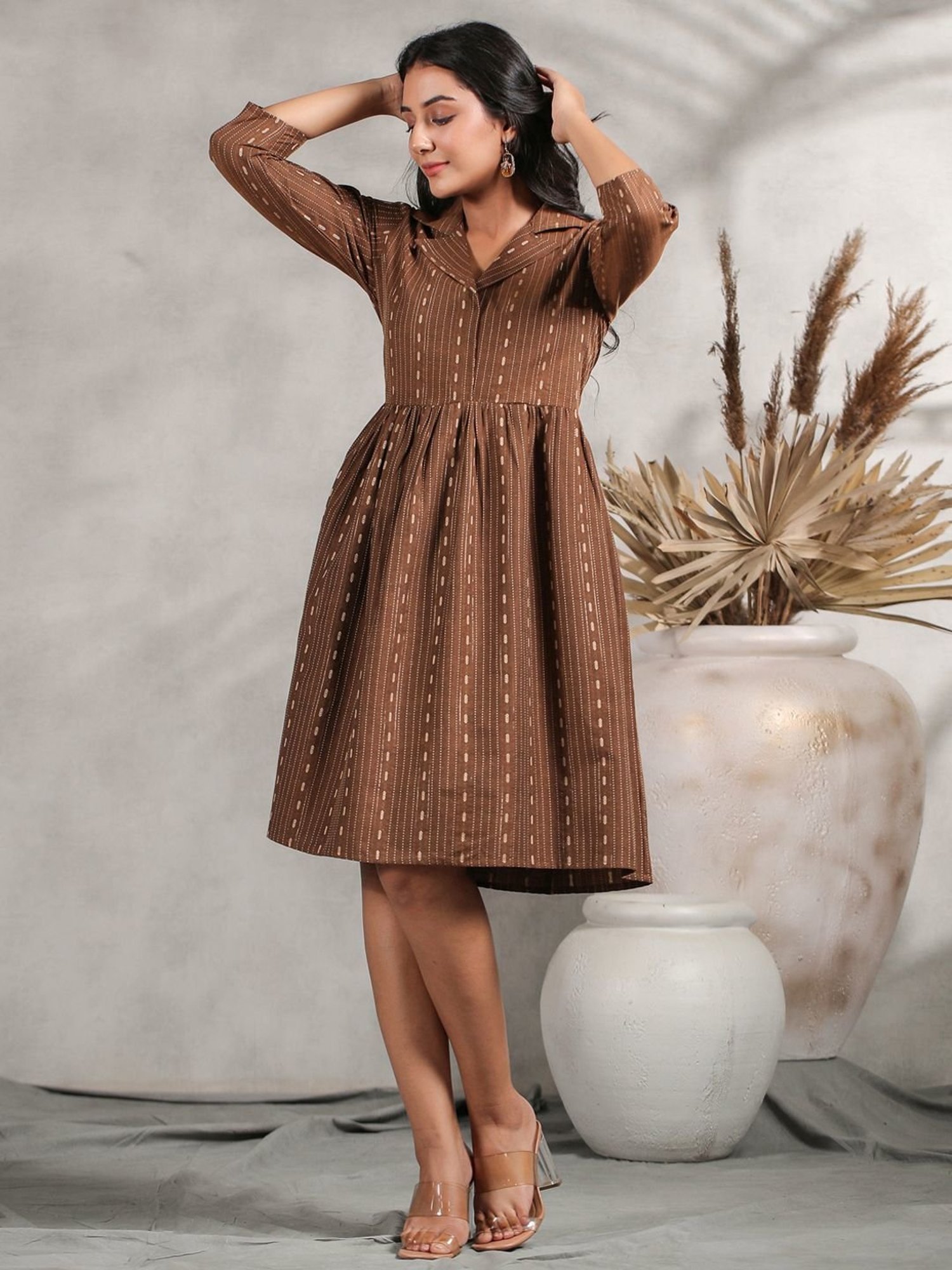 Anubhutee Brown Cotton Printed A-Line Dress