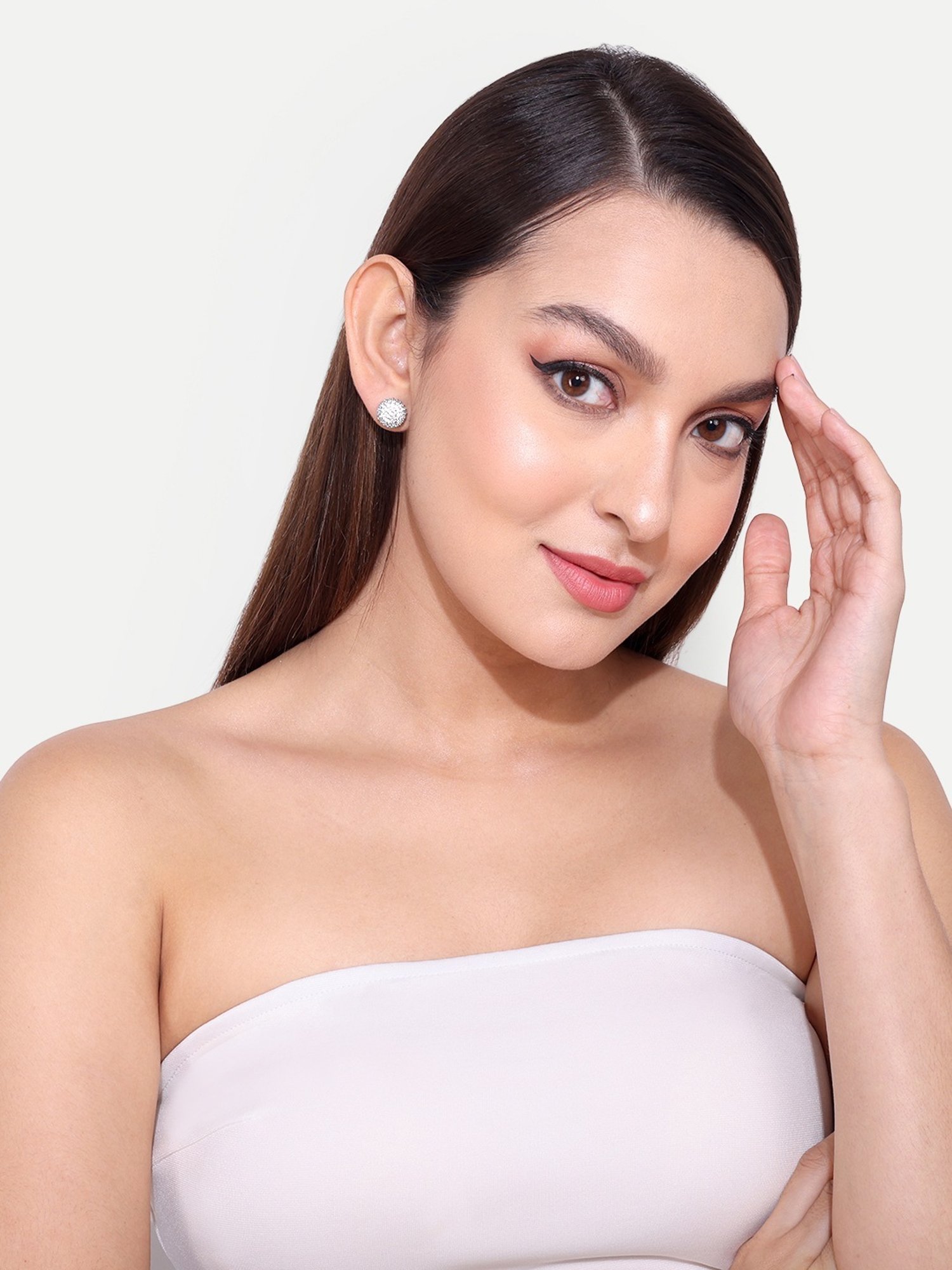 Abdesigns Silver Plated Round American Diamond Stud Earrings