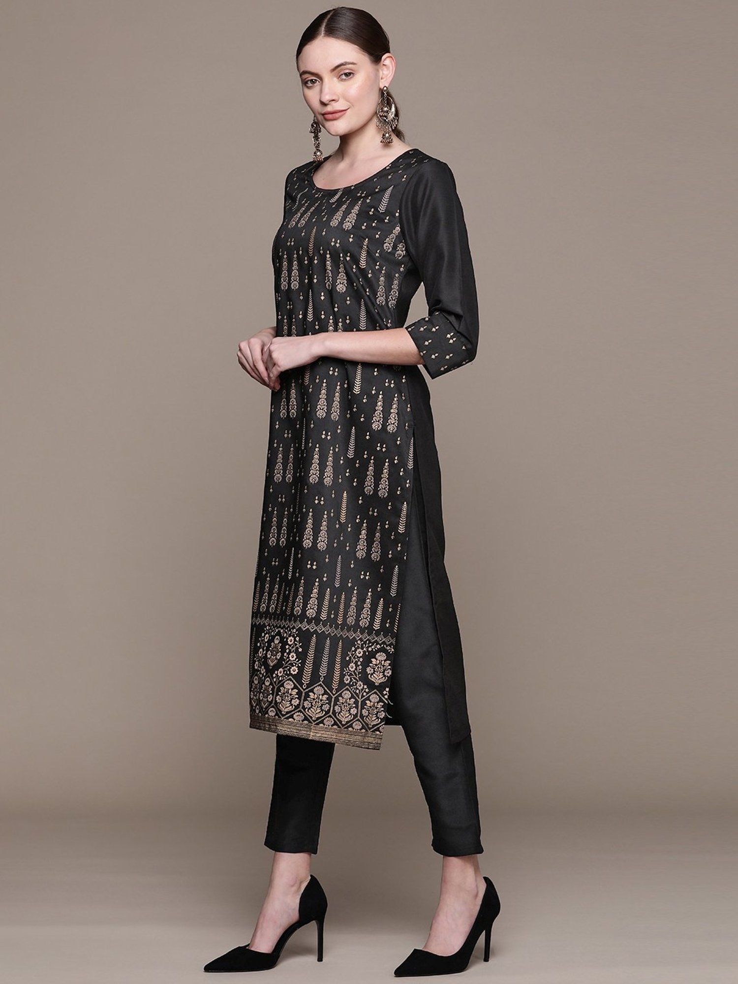 Ziyaa Black Printed Kurta Pant Set With Dupatta