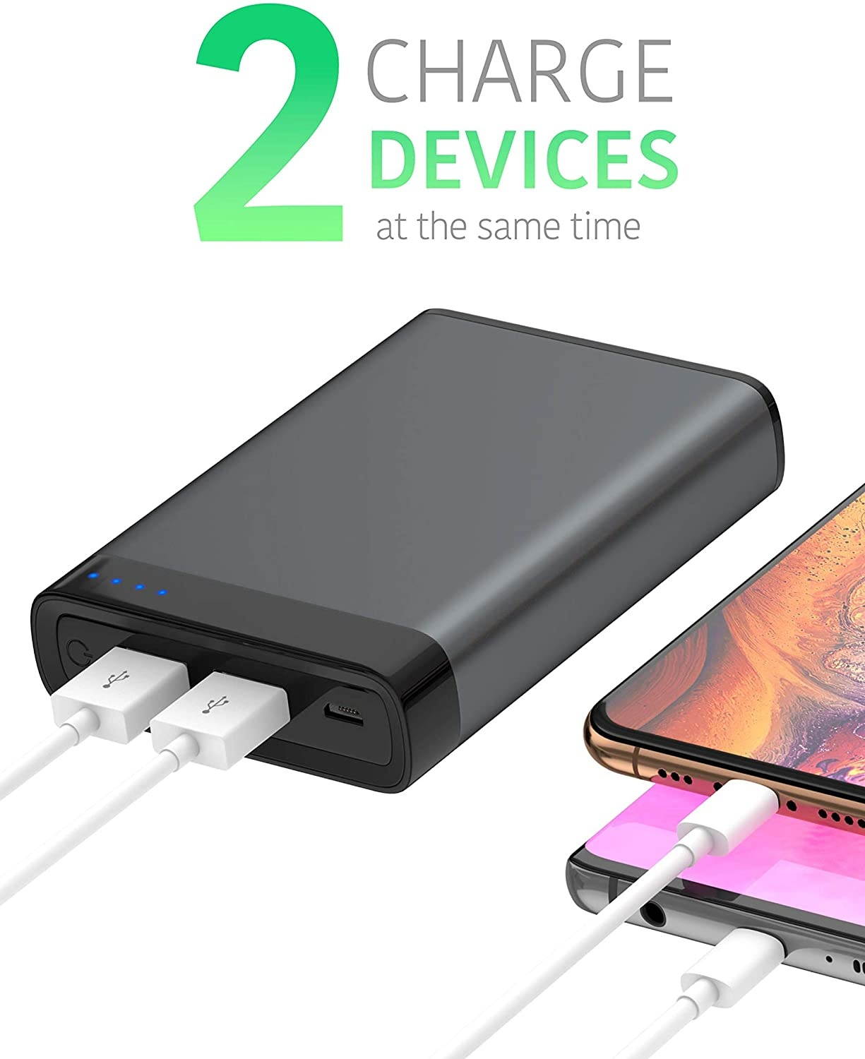 TalkWorks Portable Charger Power Bank USB Battery Pack 8000 mAh - External Cell Phone Backup Supply for Apple iPhone 12 11 XR XS X 8 7 6 SE iPad Android for Samsung Galaxy - Space Grey