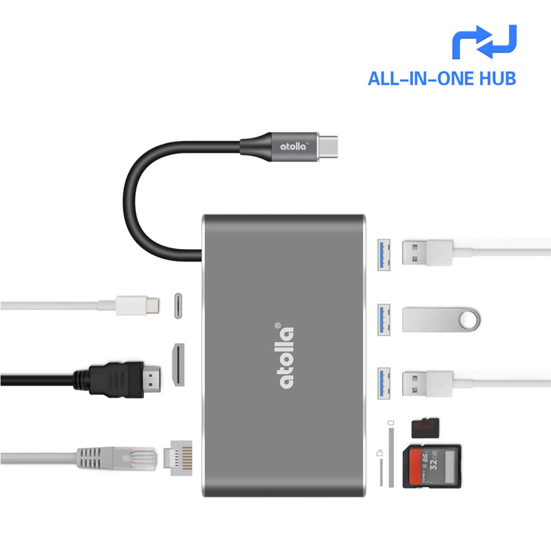 Atolla 8-in-1 USB C HDMI Hub and Ethernet- USB C hub Type C Hub- LAN port | 3 * USB3.0 port | 4K HDMI output | PD| SD card / Micro SD card reader
