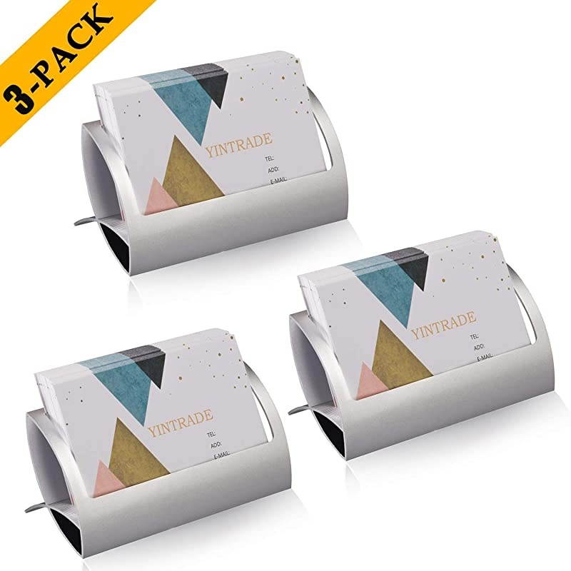 Business Card Holder for Desk, Aluminum Desktop Business Name Card Case Display Organizer Holder Stand, Office & Tradeshows Tabletop Card Holder (3 Pack, Silver)