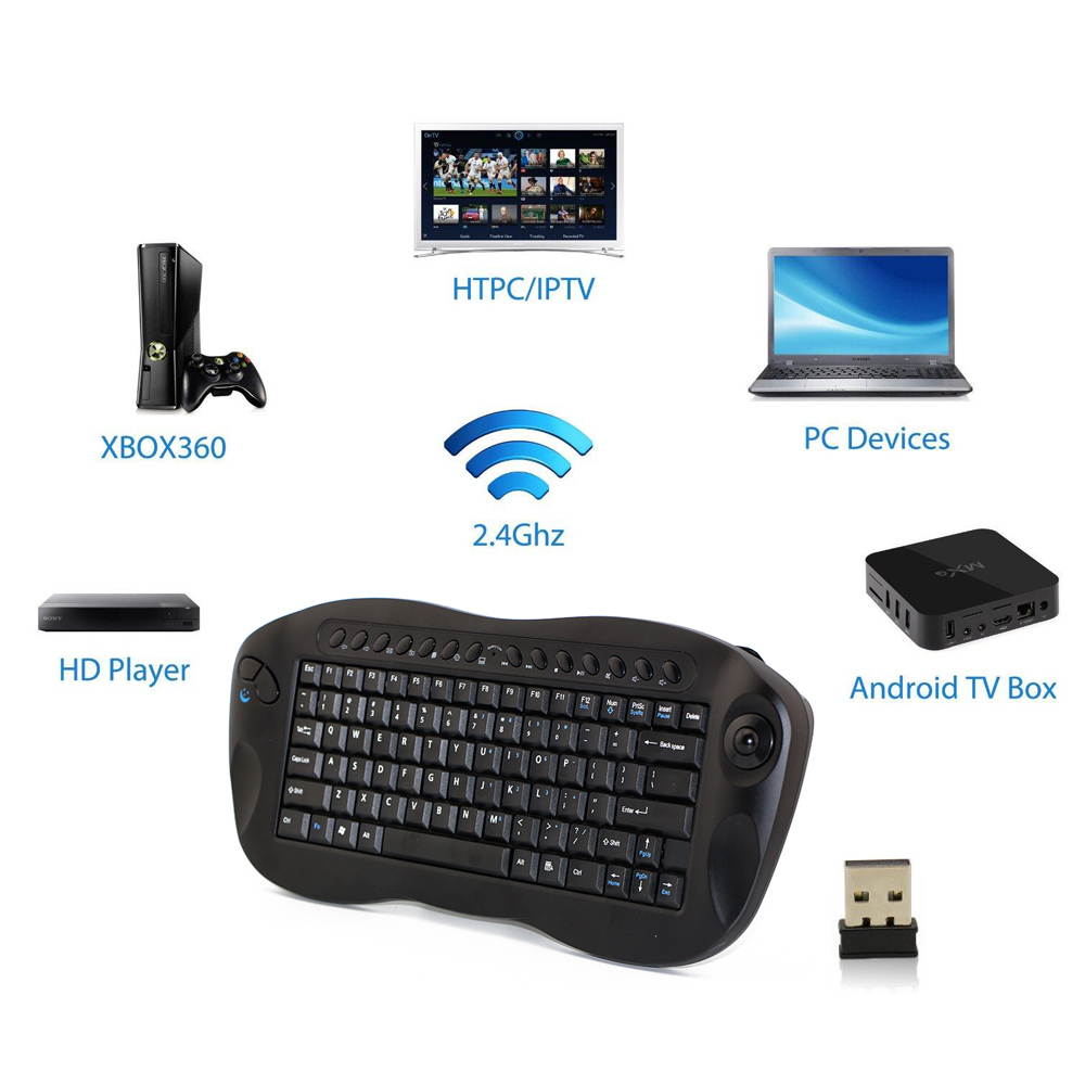 Vibob Wireless Keyboard with Trackball and USB Receiver - Qwerty, Internet + Media Hotkeys, Pc + Mac(Black)