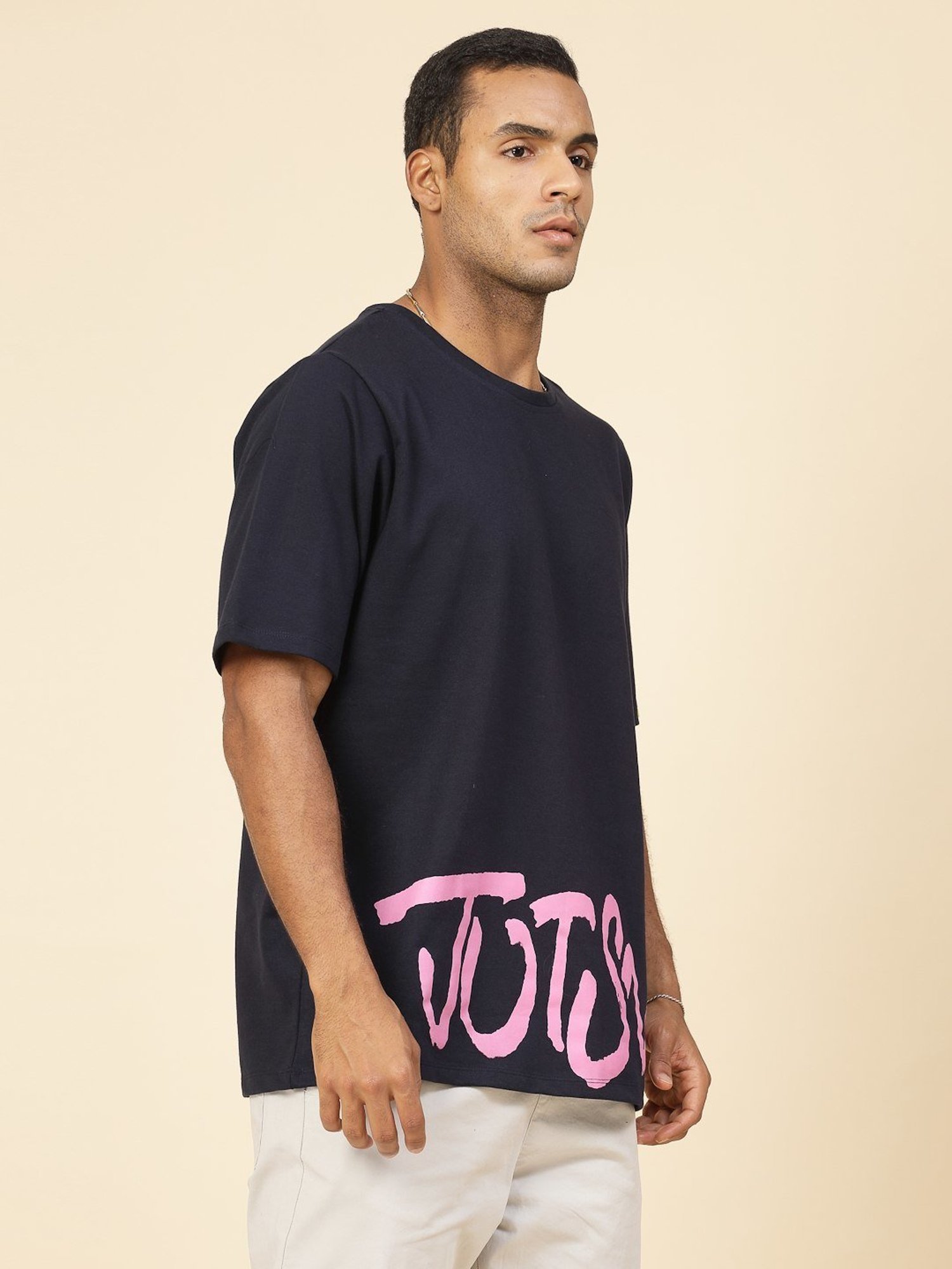 Rigo Navy Cotton Loose Fit Typography T-Shirt