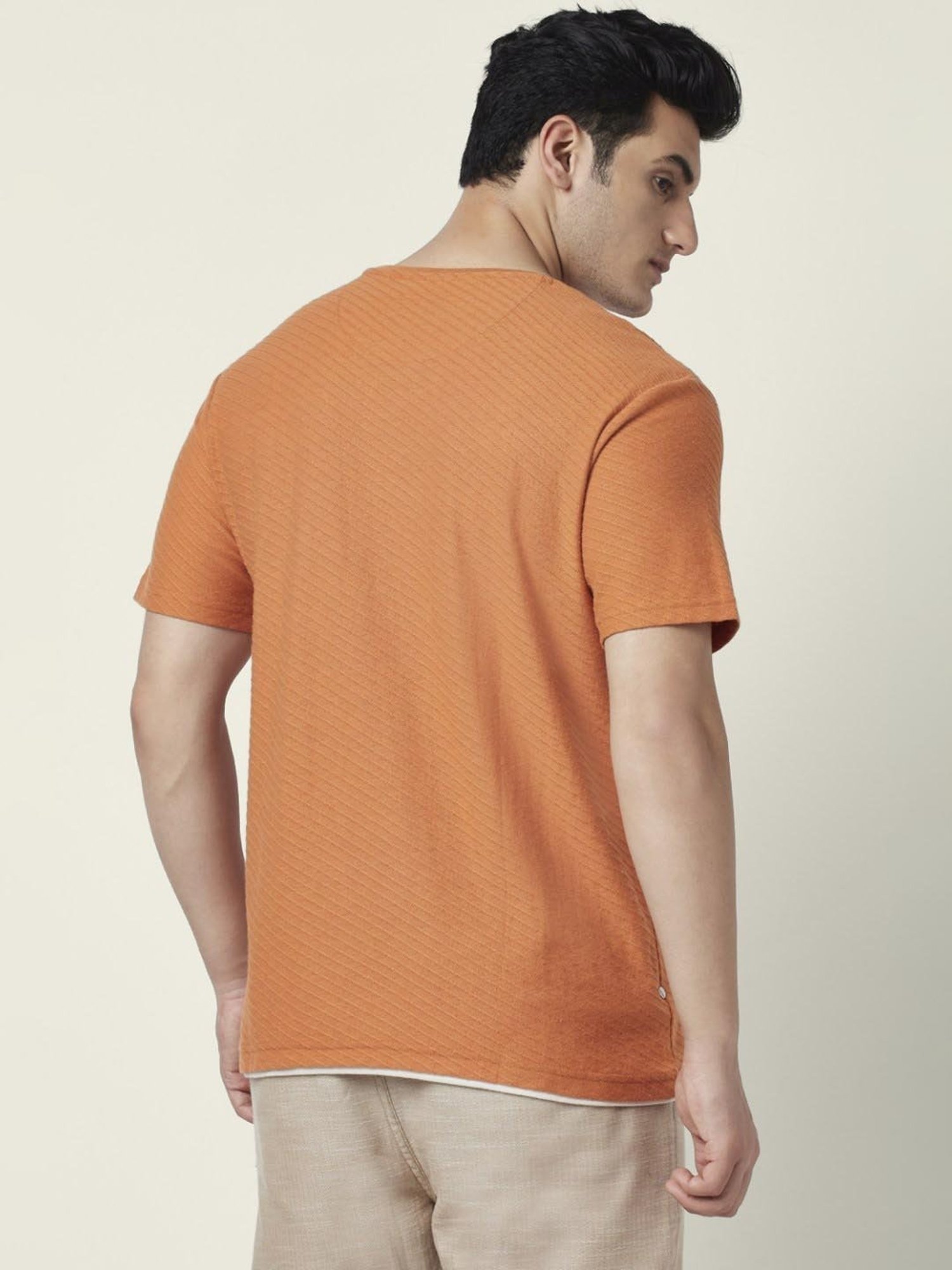 7 Alt by Pantaloons Rusty Orange Relaxed Fit Self Pattern T-Shirt