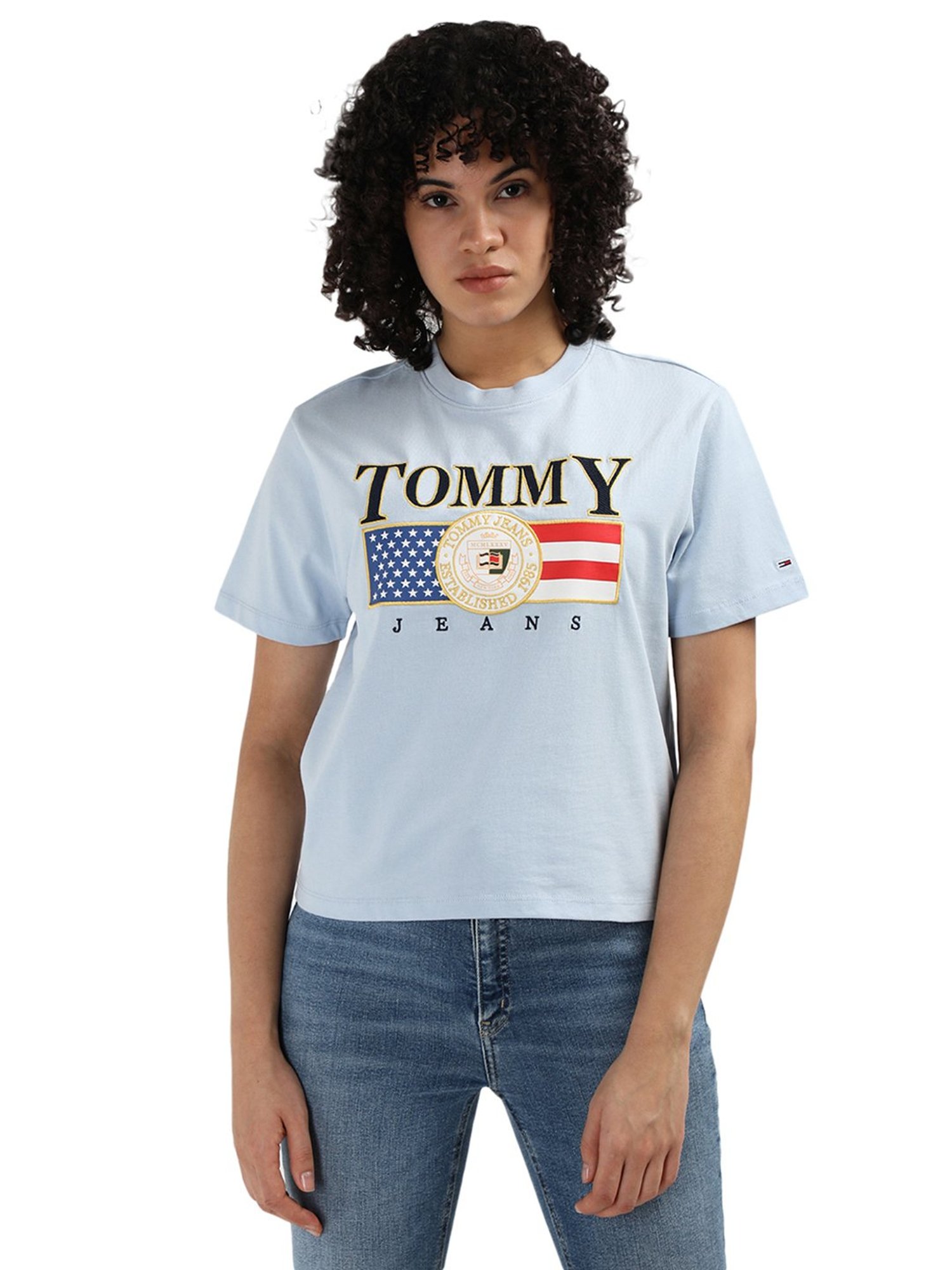 Tommy Hilfiger Blue Pure Cotton Printed Women Regular Fit T-Shirt
