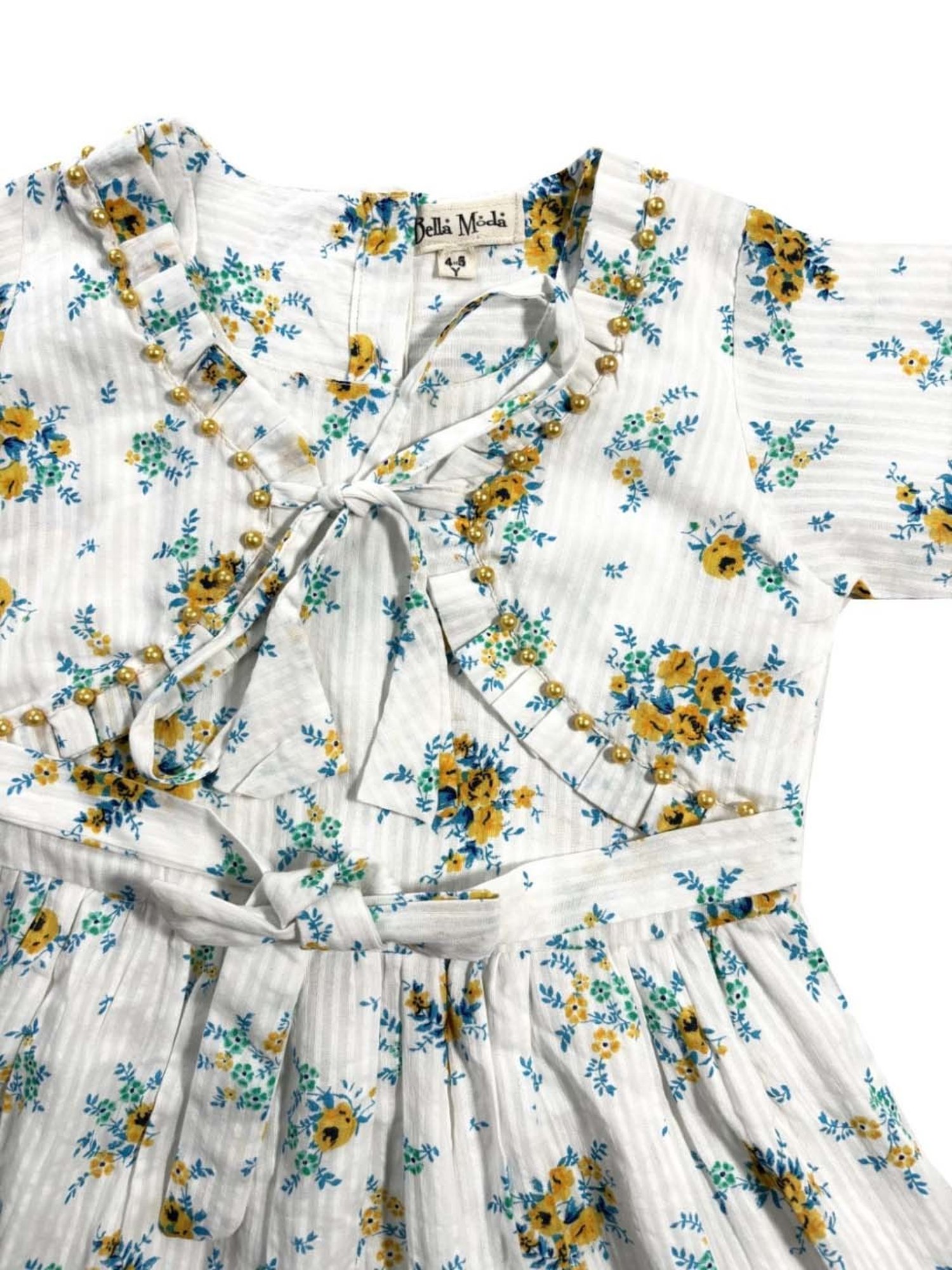 Bella Moda Kids White & Blue Cotton Floral Print Full Sleeves Dress