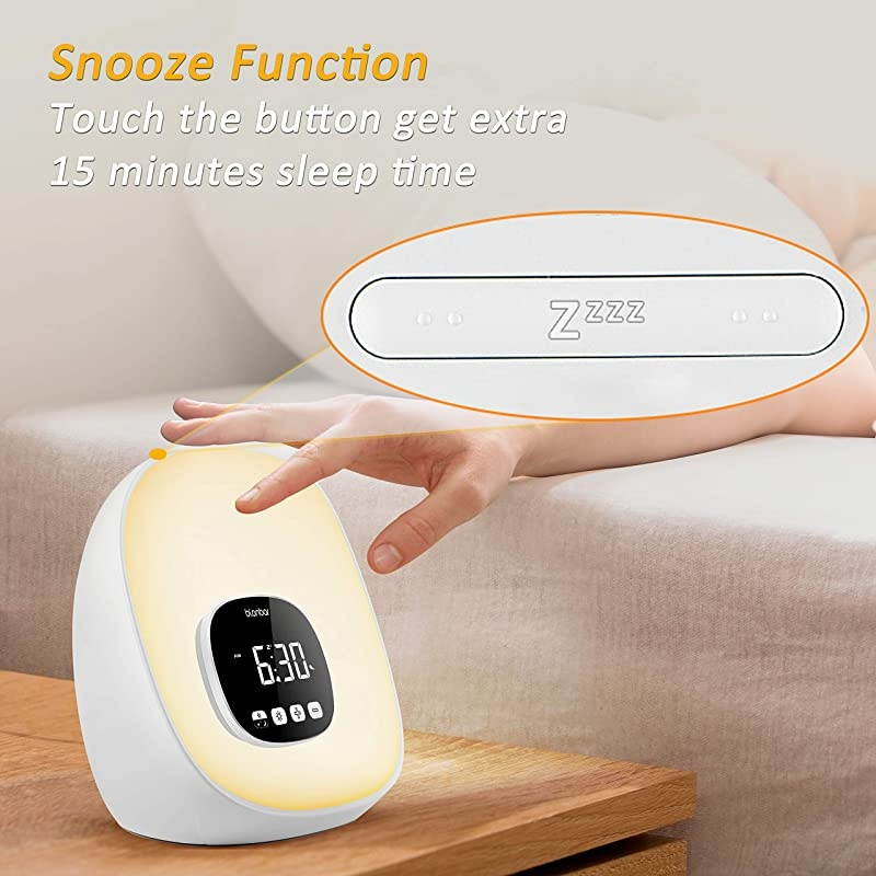 Wake-Up Light Alarm Clock  Sunrise Alarm Clock with Radio for Bedrooms, 7 Colored Night Light, Snooze, Adjustable Brightness and Touch Control for Kids