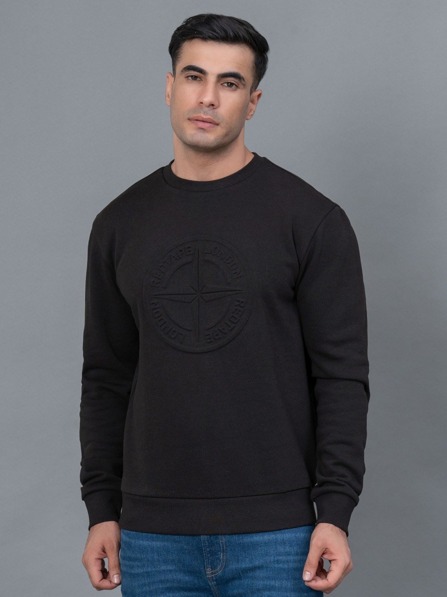 Red Tape Black Regular Fit Self Design Sweatshirt