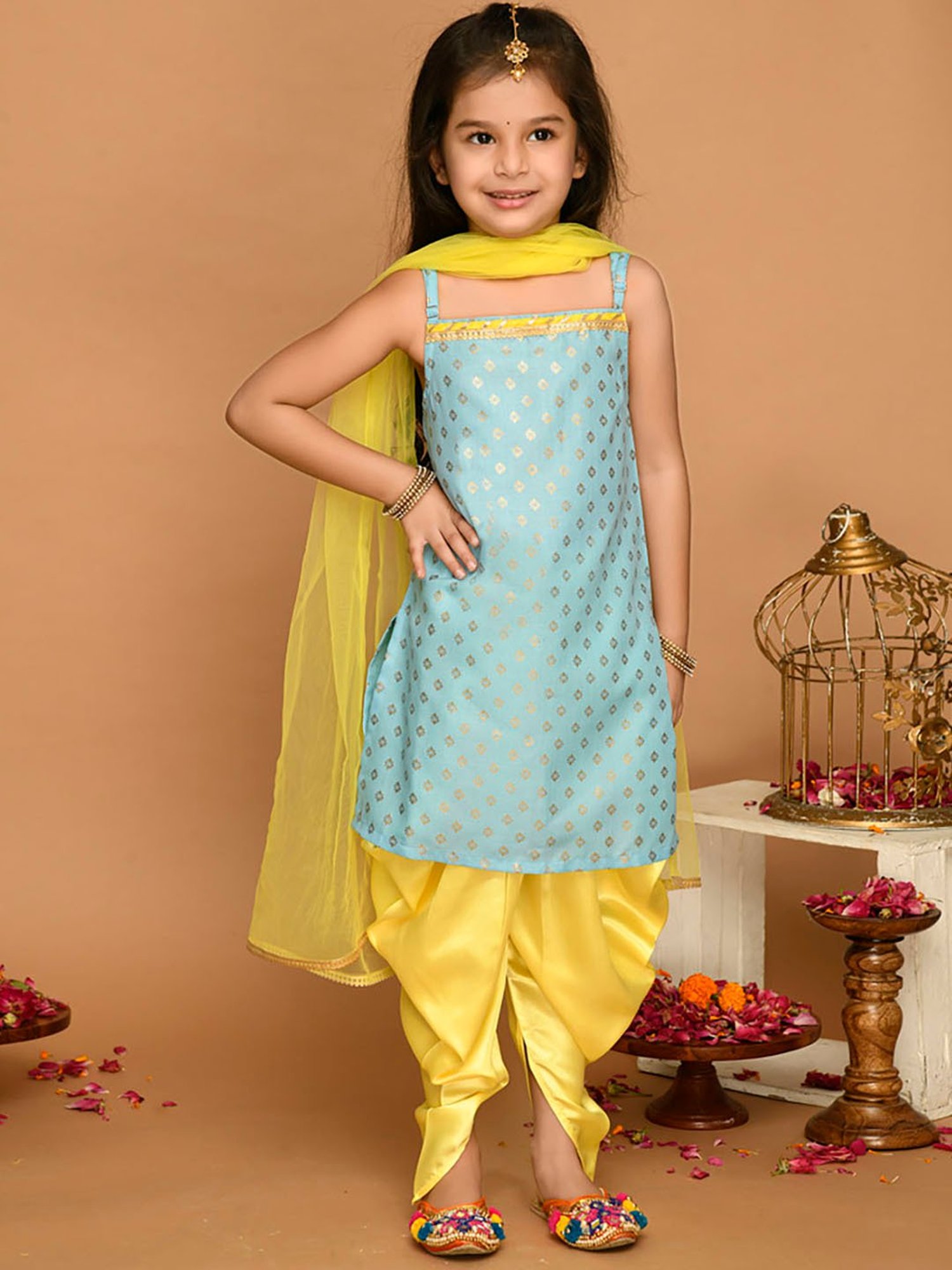 Saka Designs Kids Sky Blue & Yellow Printed Kurta with Dhoti & Dupatta