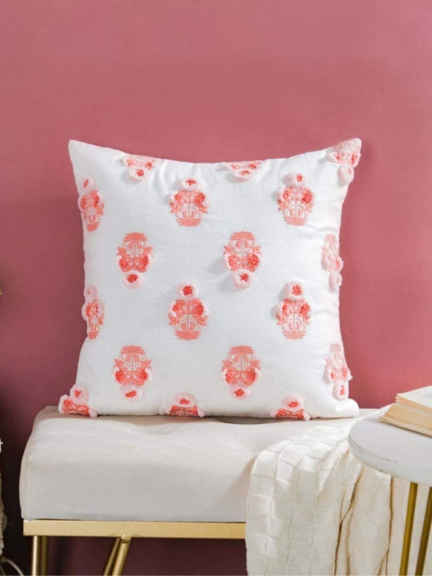 Nestasia Premium Quality Handcrafted & Artisanal Floral Motif Cotton Peach Cushion Cover(16" X 16")