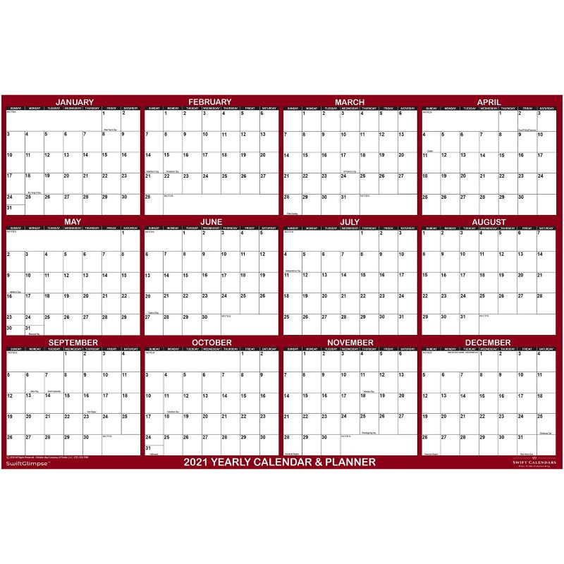 2021 Wall Calendar Portable 24"x36" Maroon - SwiftGlimpse