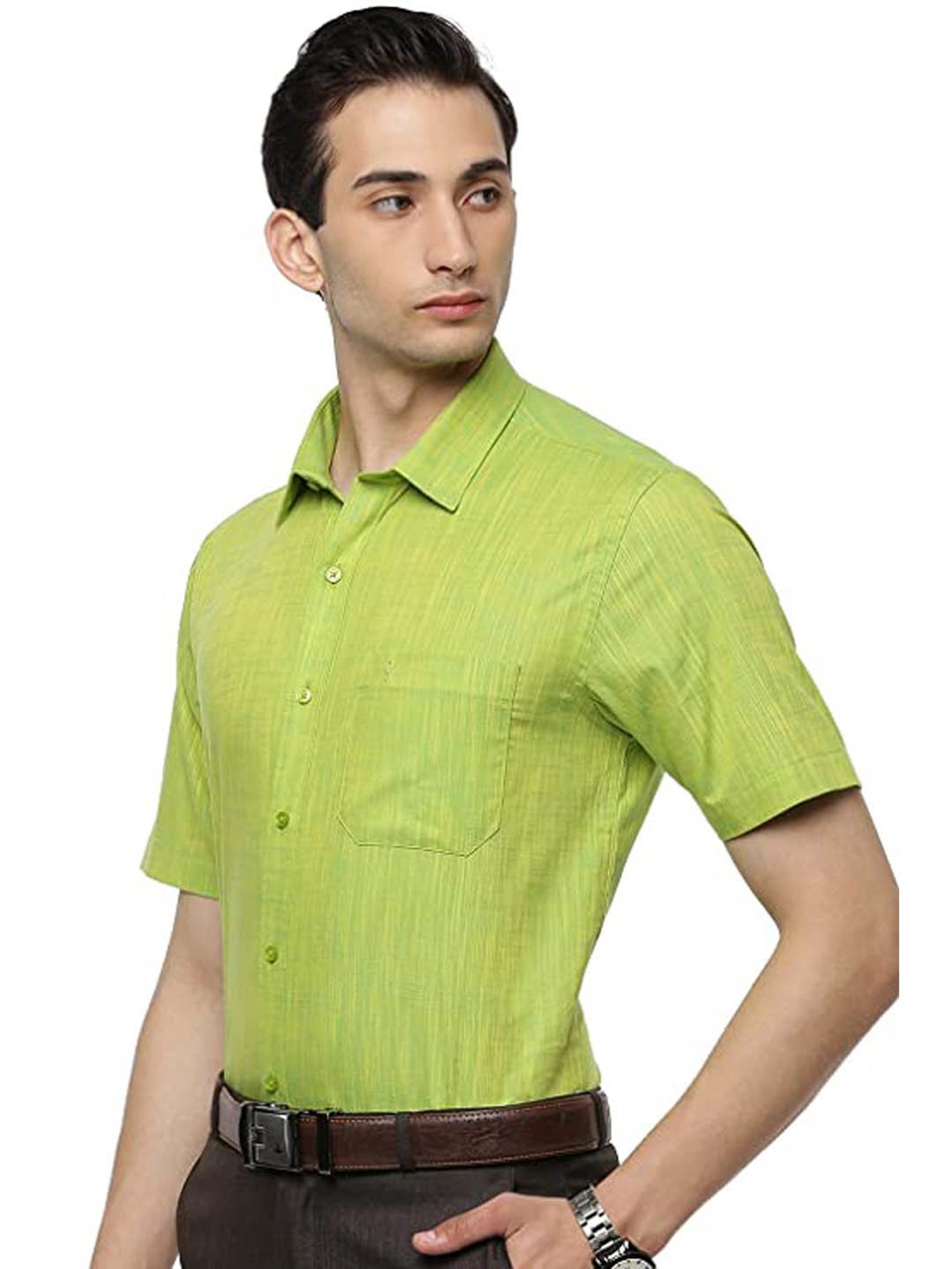 Ramraj Green Cotton Slim Fit Self Pattern Shirt