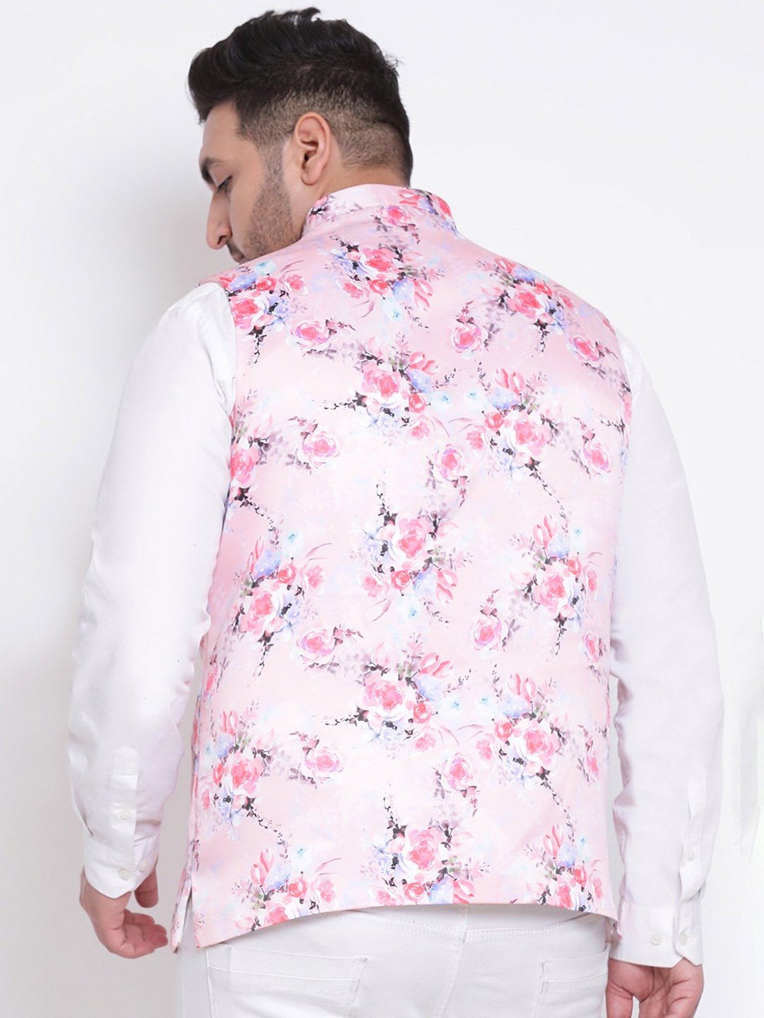 Hangup Plus Pink Regular Fit Floral Print Plus Size Nehru Jacket