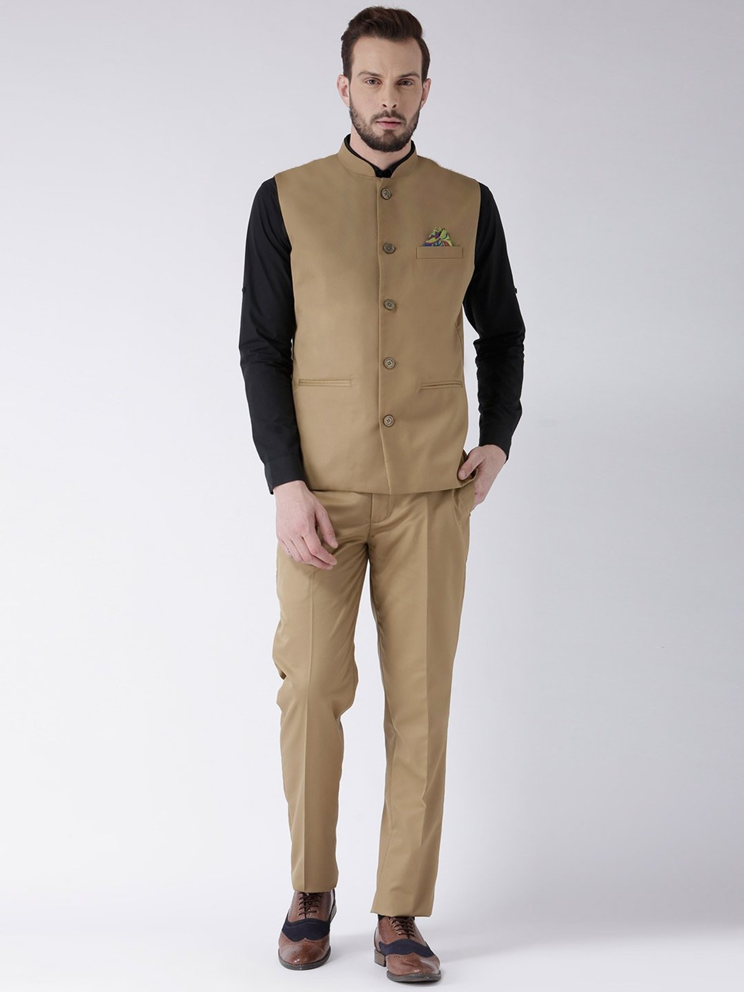 Hangup Plus Khaki Regular Fit Mandarin Collar Two Piece Suit