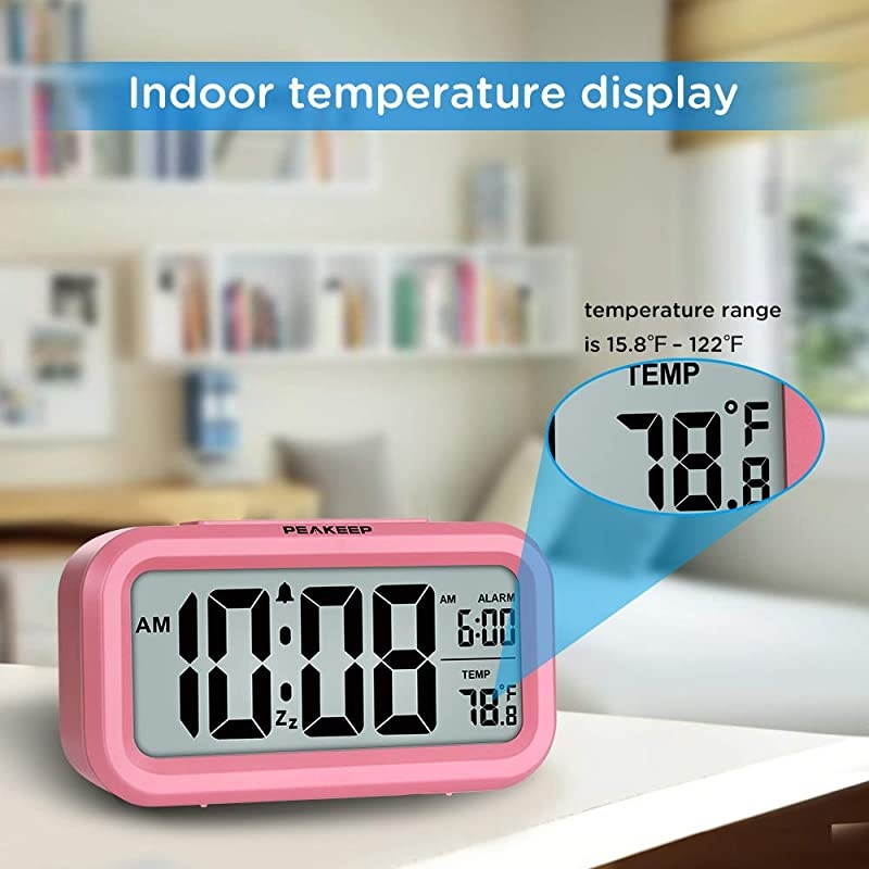 Smart Night Light Digital Alarm Clock with Indoor Temperature, Battery Operated Desk Small Clock (Pink)