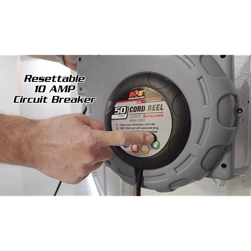 Tool W2273 50ft 16 Gauge Retractable Cord Reel with Guided Return Install On Ceiling Wall Floor or Workbench