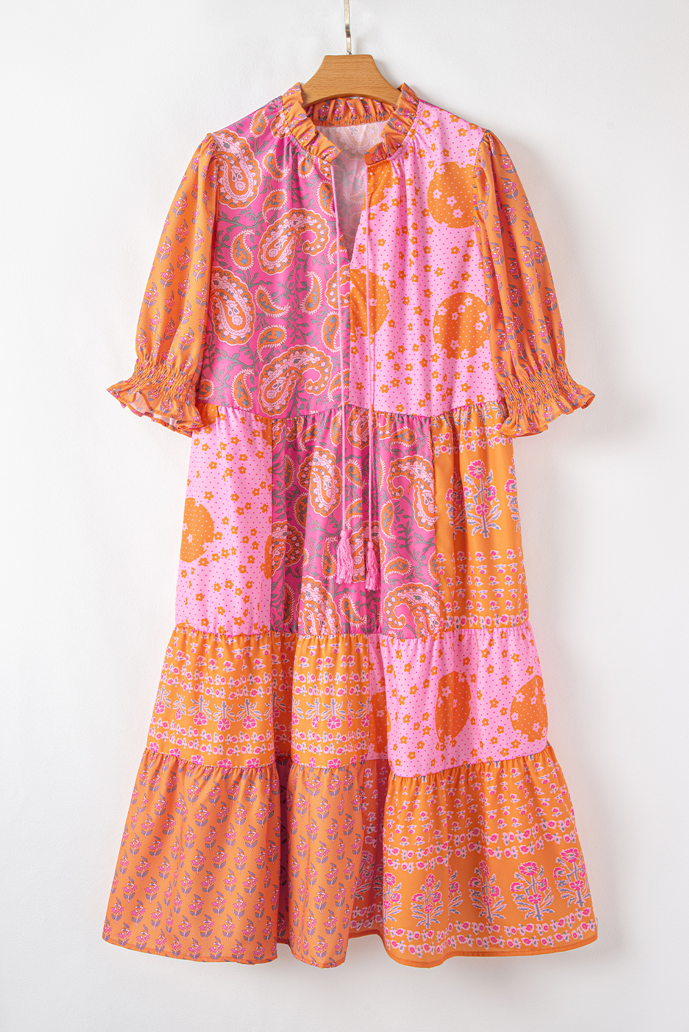 Black Leopard Patchwork Split Neck Ruffle Plus Size Dress