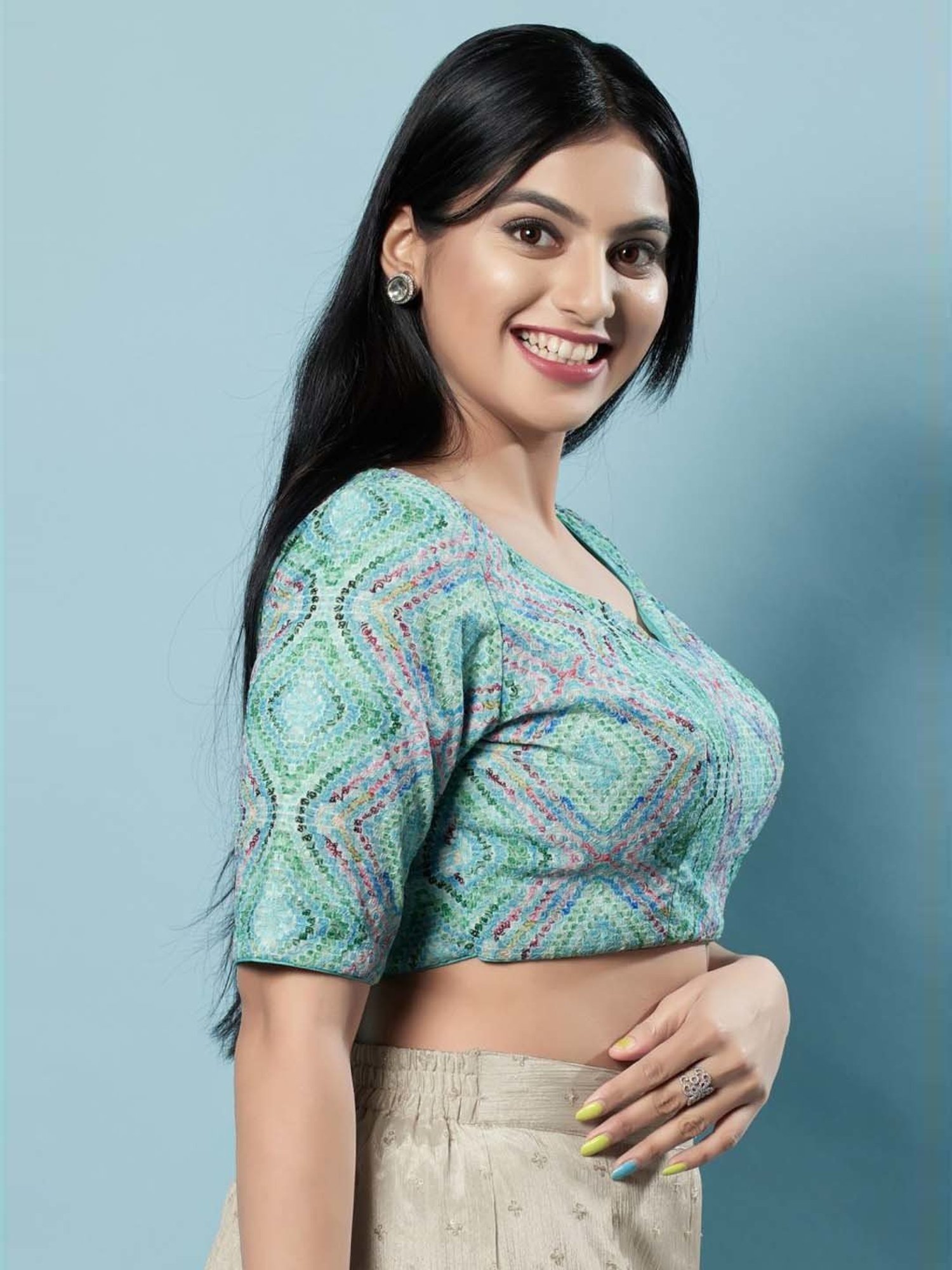 Salwar Studio Aqua Blue Embroidered Half Sleeves Readymade Blouse