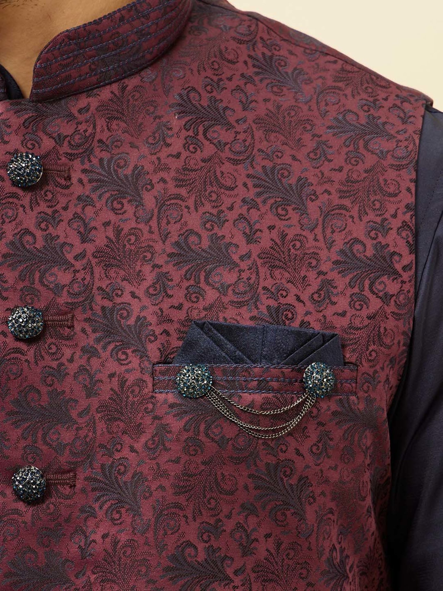 Manyavar Wine Regular Fit Self Design Nehru Jacket