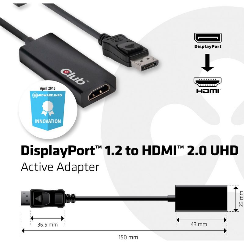Club 3D DisplayPort 1.2 to HDMI 2.0 4K60Hz UHD Active Adapter