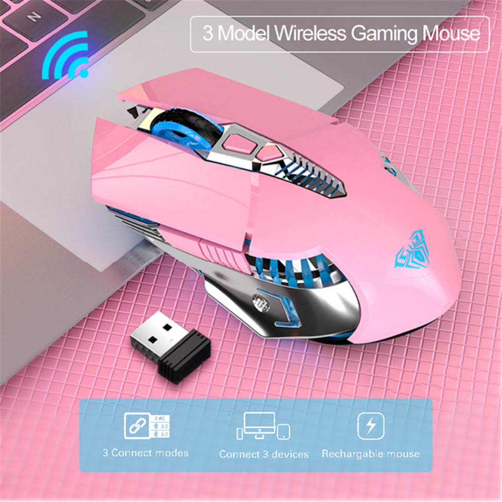 Wireless Gaming Mouse, with 800mAh Battery Rechargeable, LED Backlight, USB Receiver, Ergonomic Optical 2.4G Cordless Metal Mice for PC Laptop, Tablet, Desktop Computer Games/Work (Pink)