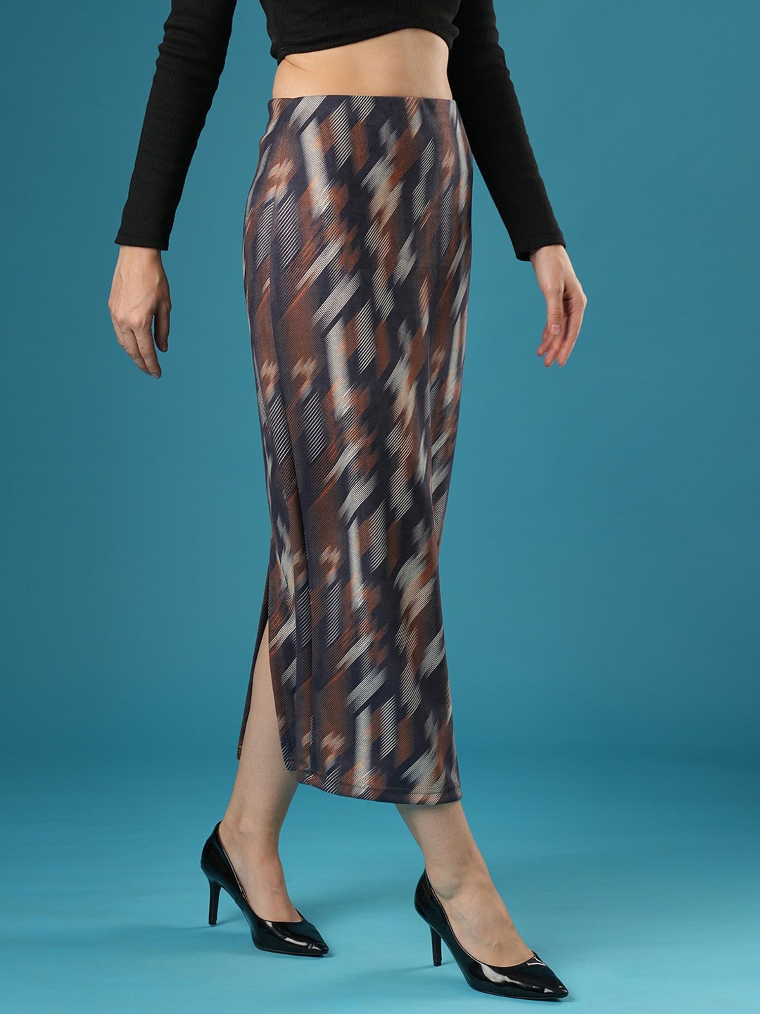 Globus Dark Grey & Rust Printed Midi Skirt