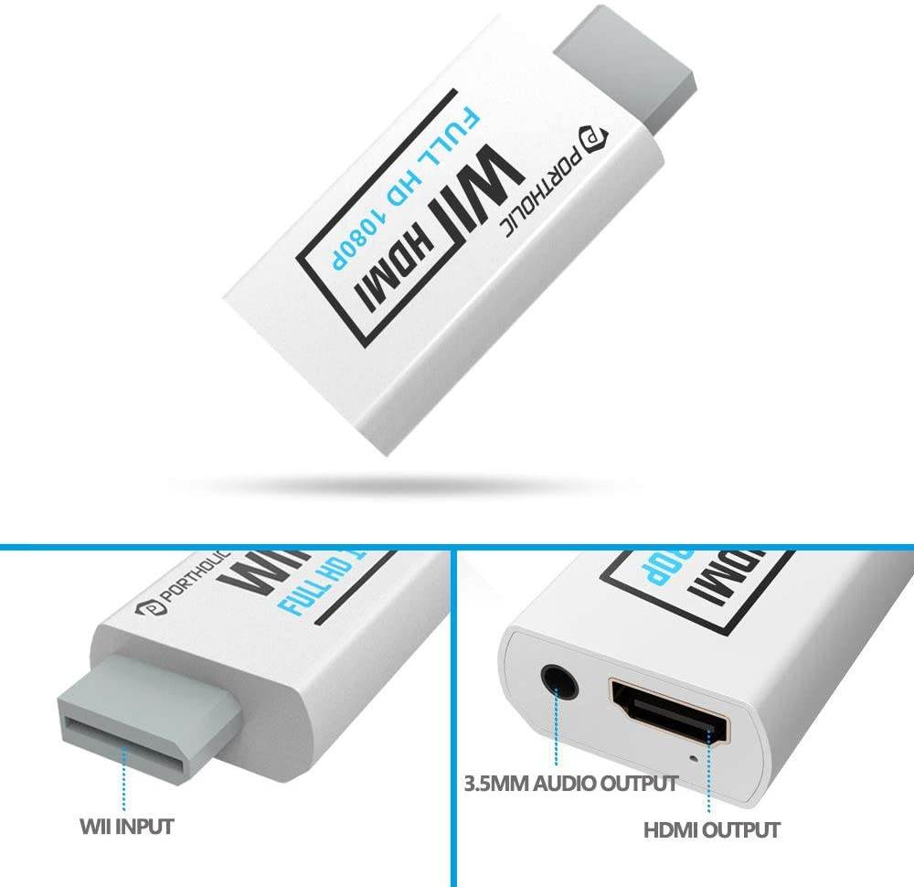 PORTHOLIC Wii to HDMI Converter 1080P with 5ft High Speed HDMI Cable Wii2 HDMI Adapter Output Video&Audio with 3.5mm Jack Audio, Support All Wii Display 720P, NTSC, Compatible with Full HD Devic