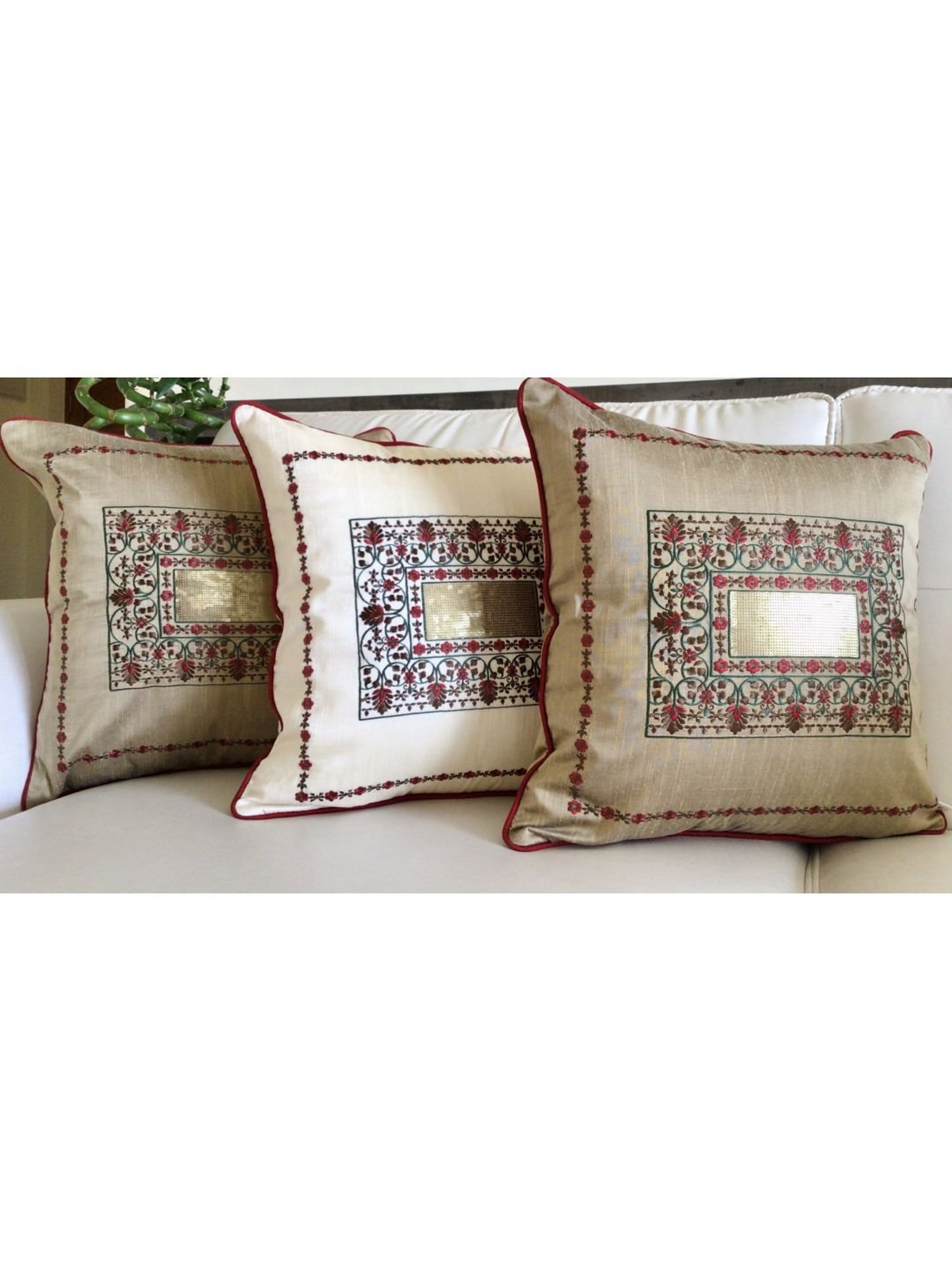 TARA Sparkling Homes Gold Embroidered Cotton Silk Cushion Cover - Set of 2
