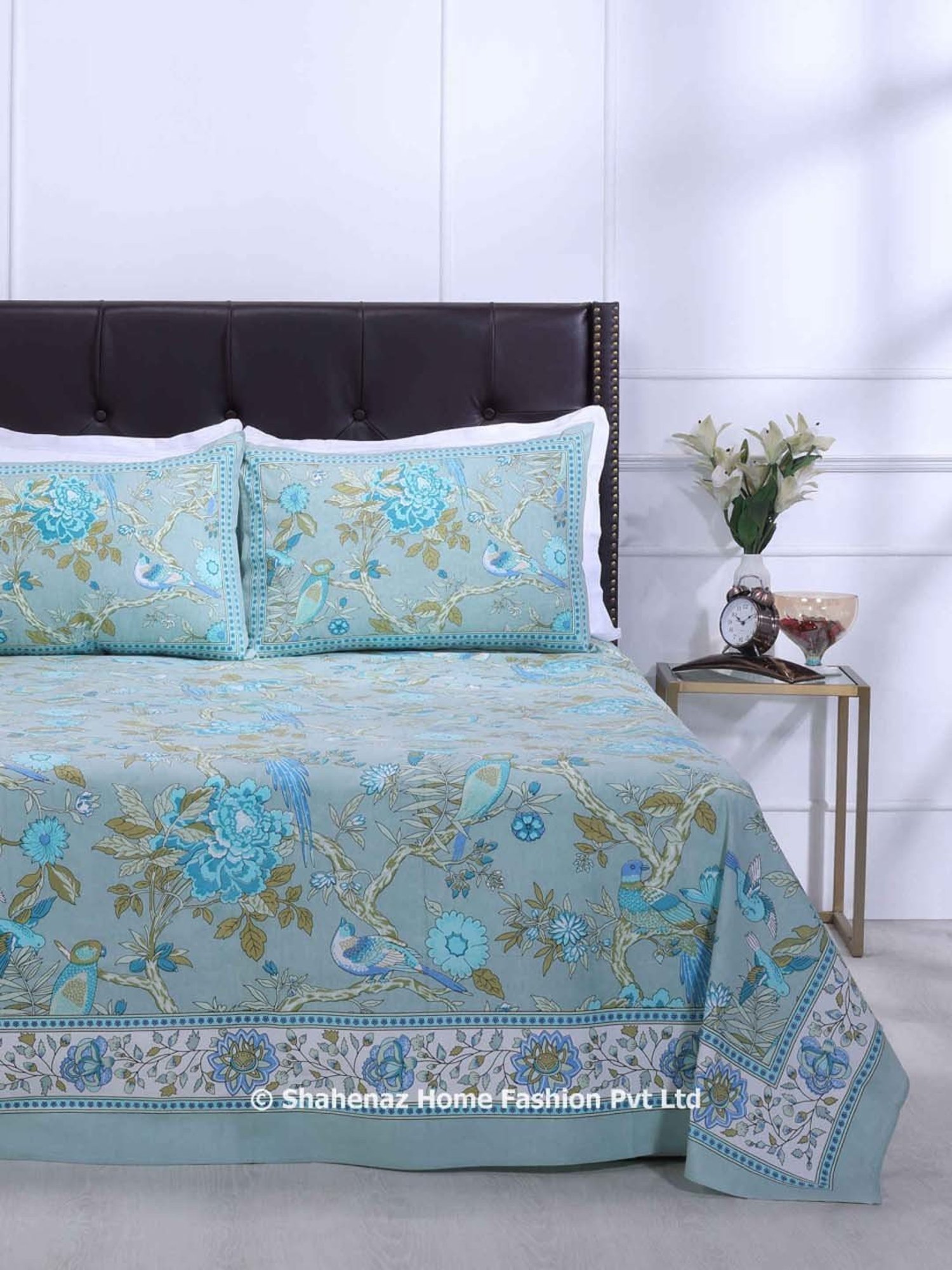 Shahenaz Blue 120 TC Cotton Rama Double Bedsheet with 2 Pillow Covers